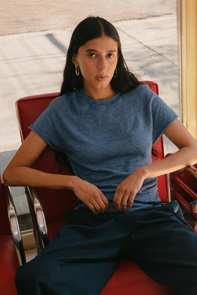 Poet Linen Top Blue Marle